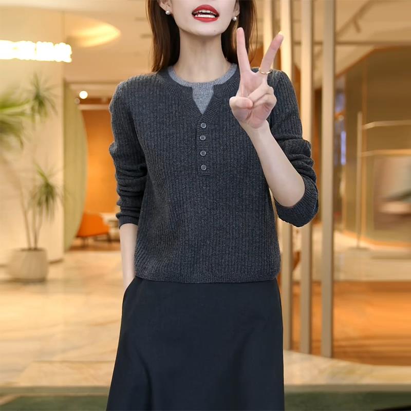 JOYIASS2025新款灰色针织打底衫女装春秋独特洋气假两件毛衣爆款