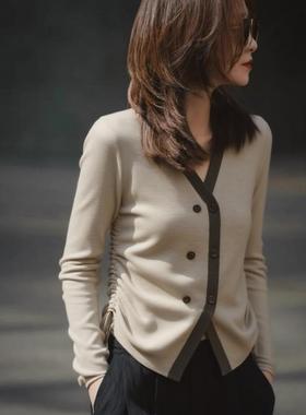 JOYIASS2025新款米灰色V领针织开衫女装秋冬季轻熟气质收褶掐腰修