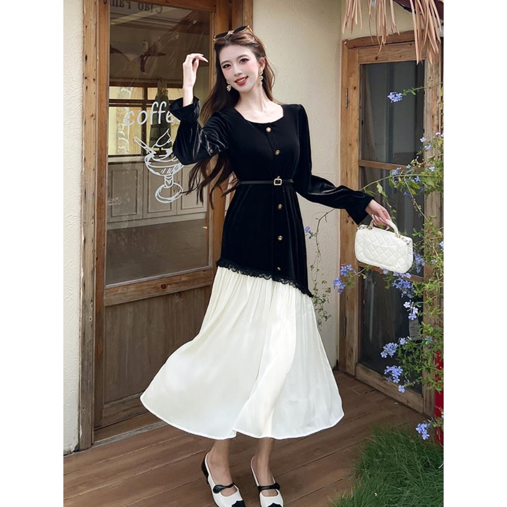 JOYIASS法式覆古优雅甜美气质减龄长袖假两件丝绒连衣裙黑色小礼