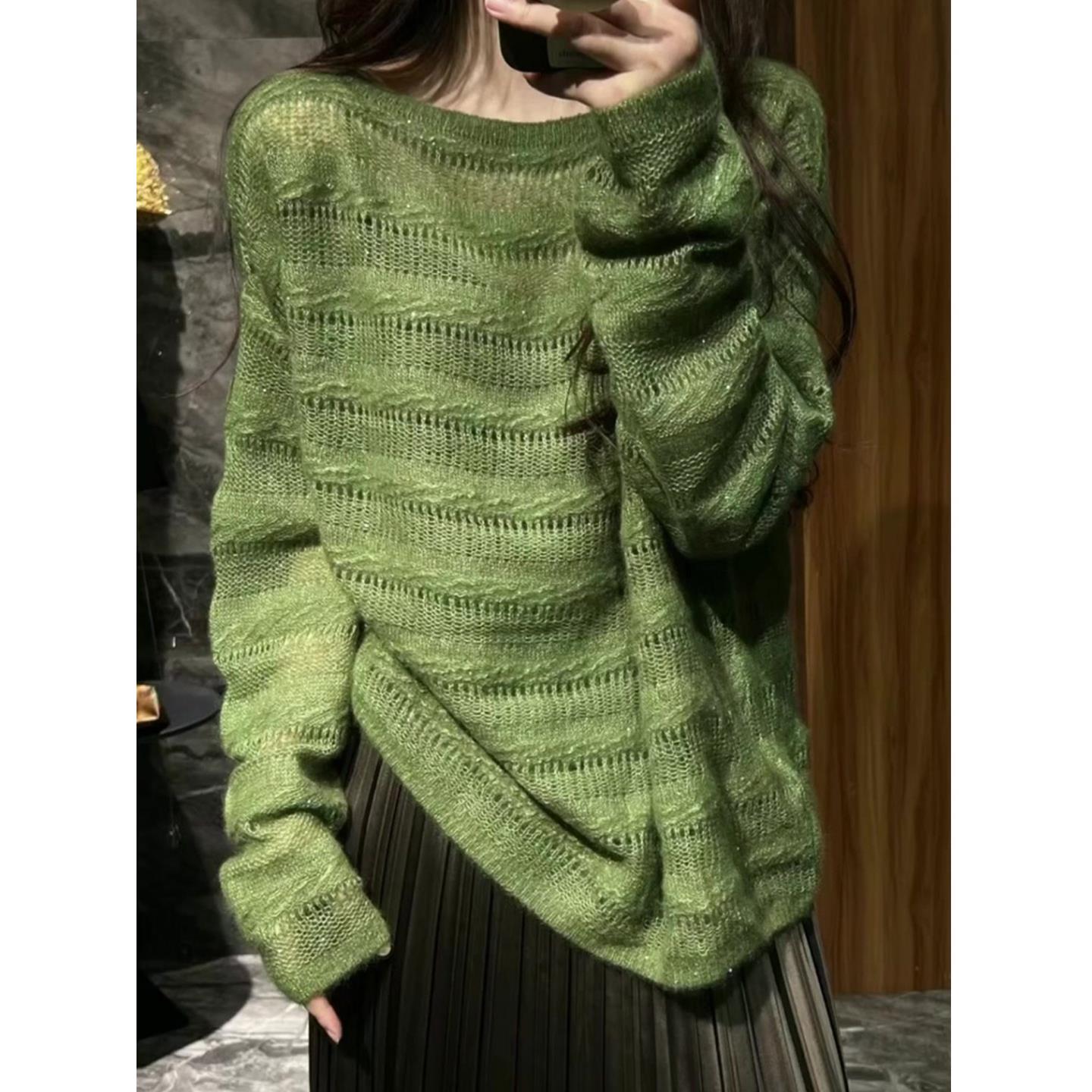 JOYIASS2025新款流行韩系穿搭绿色宽松针织上衣女装春秋慵懒风高