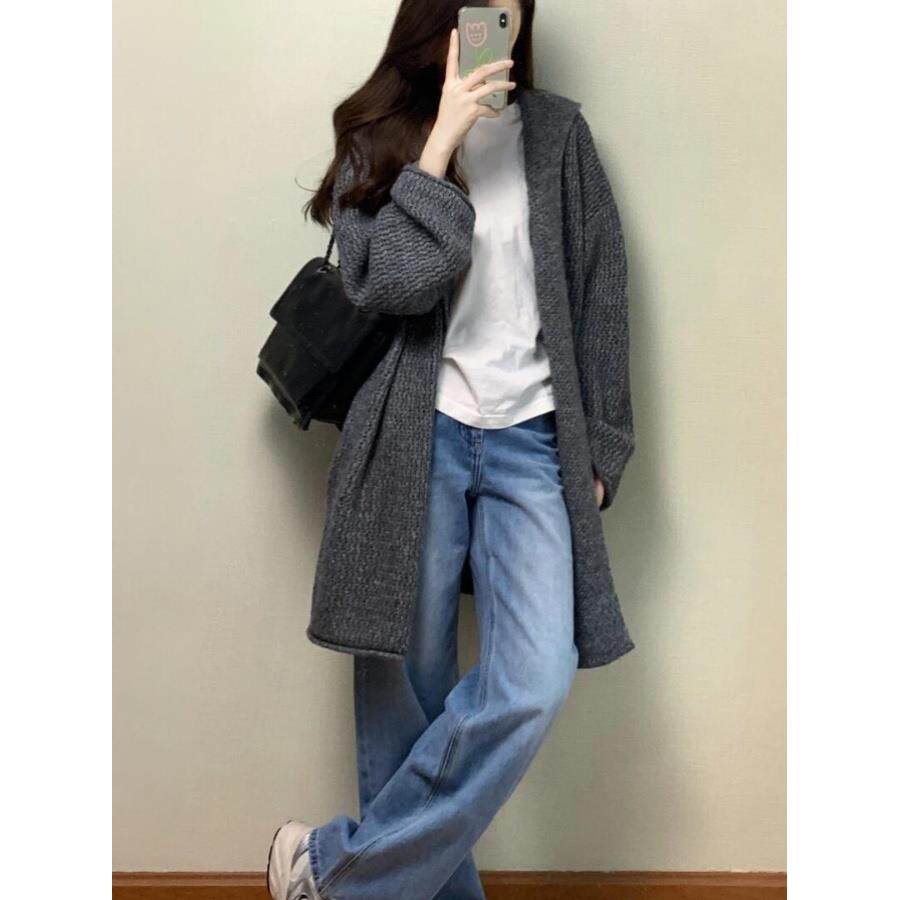 JOYIASS2025新款灰色中长款连帽毛衣外套女装春秋韩系慵懒松弛感