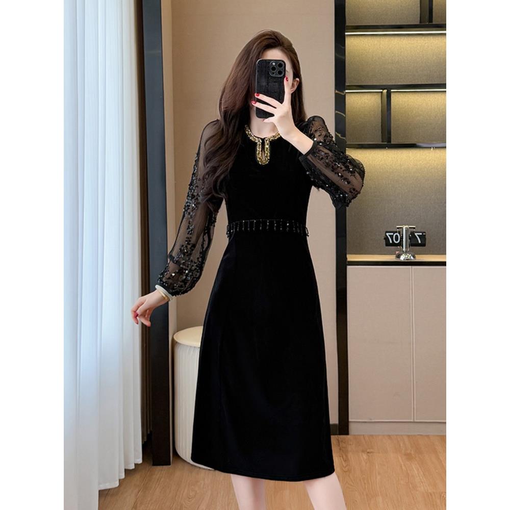 JOYIASS赫小本香风法式时尚气质减龄钉珠亮片流苏丝绒连衣裙黑色
