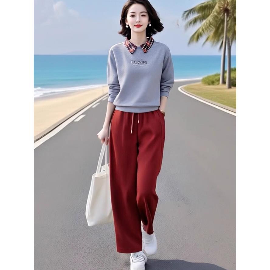 JOYIASS2025新款套装女装春秋时尚活力格子翻领卫衣松紧腰直筒卫