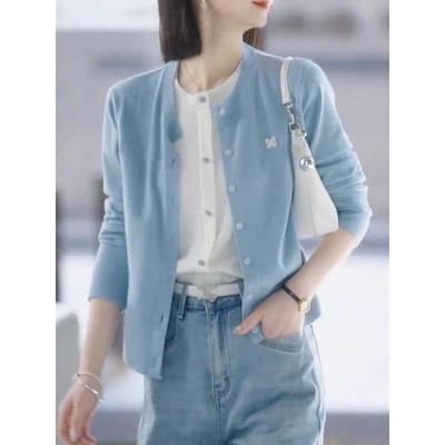 JOYIASS2025新款蓝色假两件针织开衫女装秋冬宽松显瘦洋气长袖打