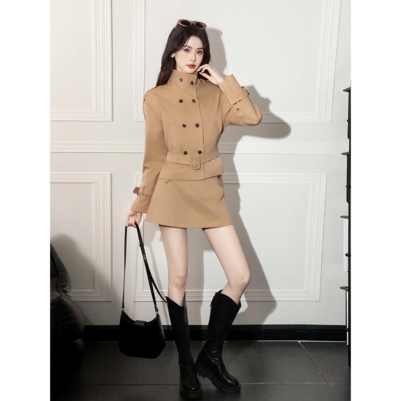 JOYIASS港风覆古洋气少女气质收腰卡其色双排扣风衣外套半身短裙
