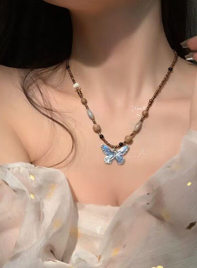 复古天然石蝴蝶项链女新中式小众设计感毛衣链配饰民族风锁骨