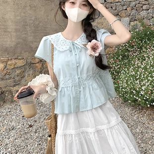 蕾丝上衣短袖 泡泡新款 法式 系带夏季 甜美娃娃小个子衬衫 纯色款