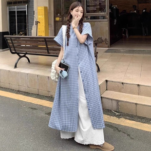 两件套潮 日系甜美叠穿套装 女夏季 设计感格子衬衫 连衣裙蕾丝阔腿裤