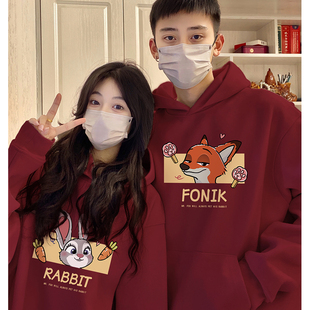 本命年女高级感春红色加厚连帽外套男 2026新款 新年情侣装 卫衣冬季