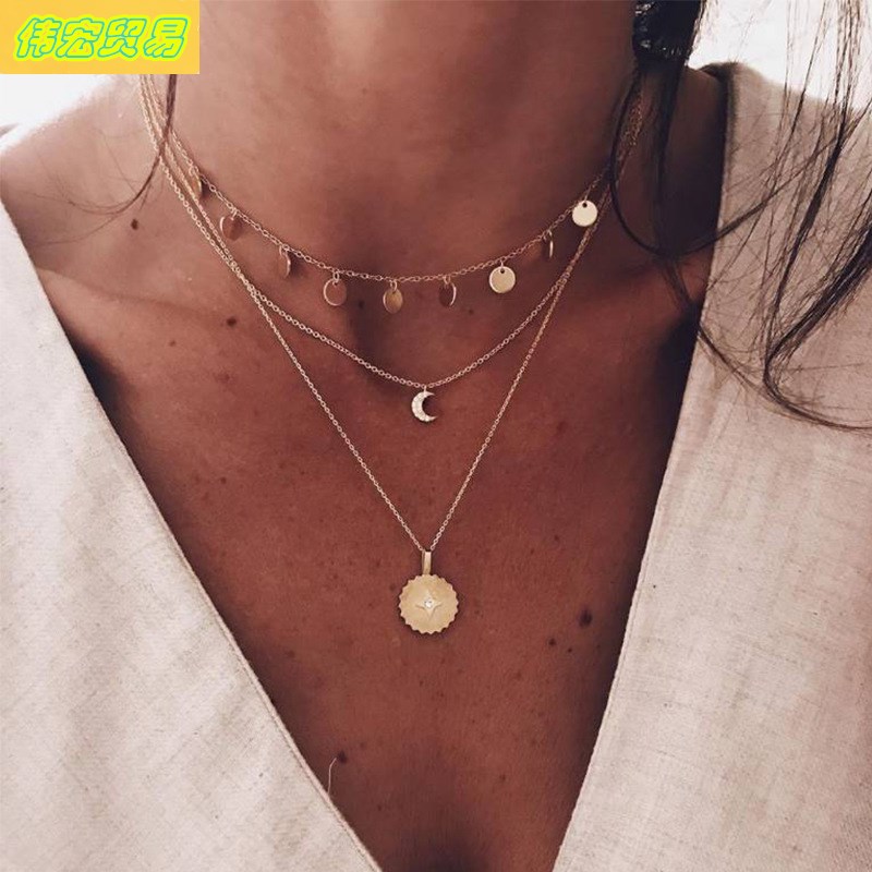 Bohemian moon sun disc choker pendant multi-layer necklace新 饰品/流行首饰/时尚饰品新 项链 原图主图