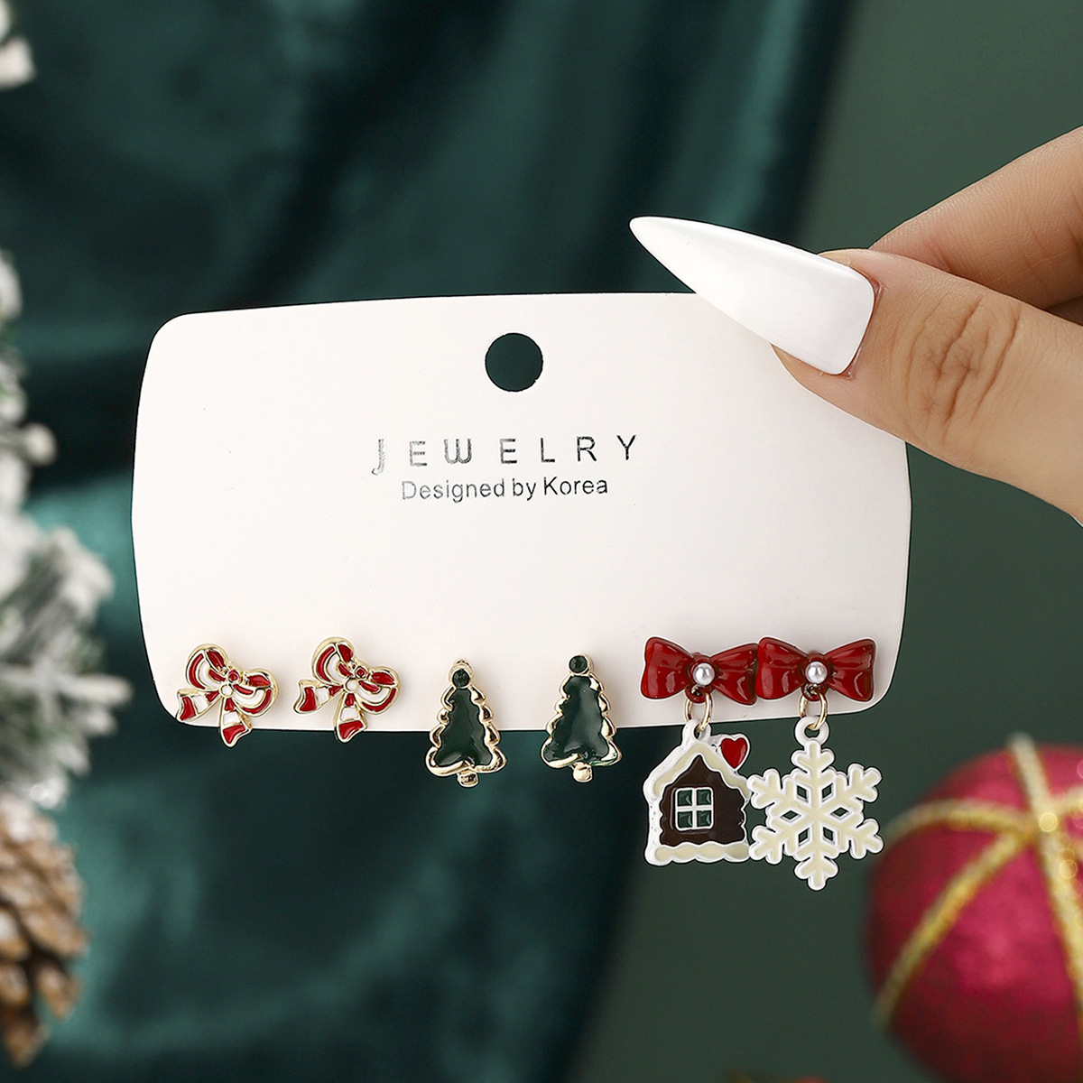 New Christmas tree bow house earrings Women snowflake studs