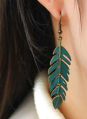 women's Vintage tassel leaf feather ear hanging earrings耳环