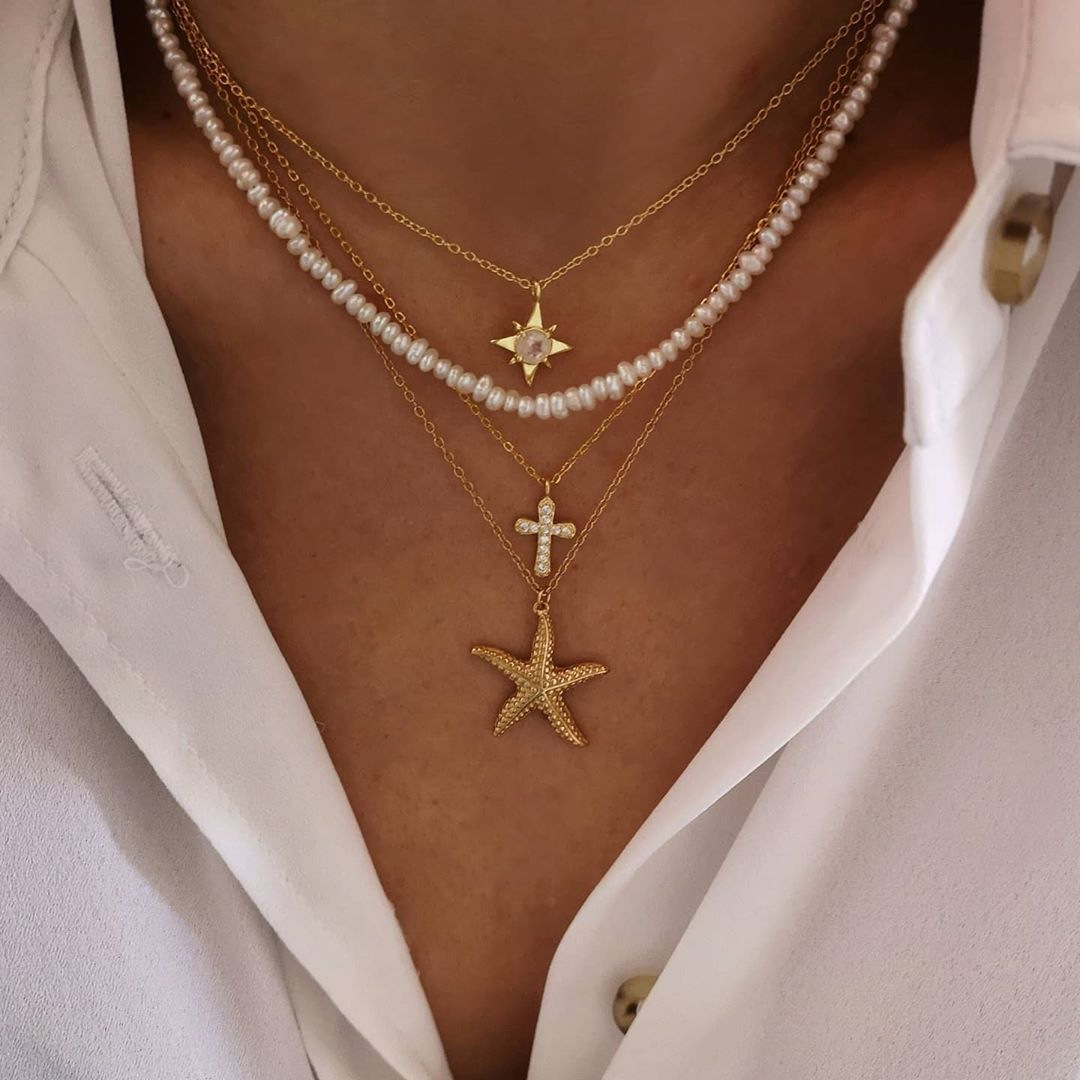 Minimalist Street Starfish Cross Pearl Set Diamond necklace