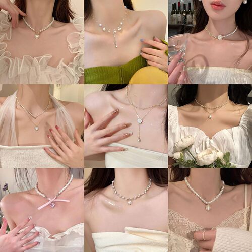 sweet pearl necklace women's heart-shaped collarbone chain饰