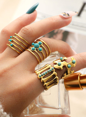 New Ring Gold Turquoise Open Handpiece Ring/Ring欧美关节戒指