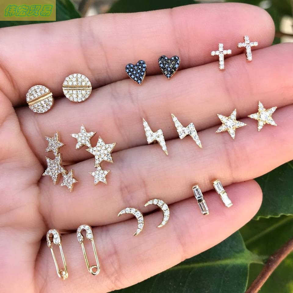 9pcs stars moon cross earrings set women accessories stud