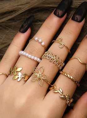 戒指Flower jewelry Set Simple Leaf Pearl Ring Set joint Ring