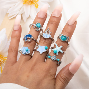 Vintage Jellyfish Starfish and Scallops 9-piece Ring Set戒指