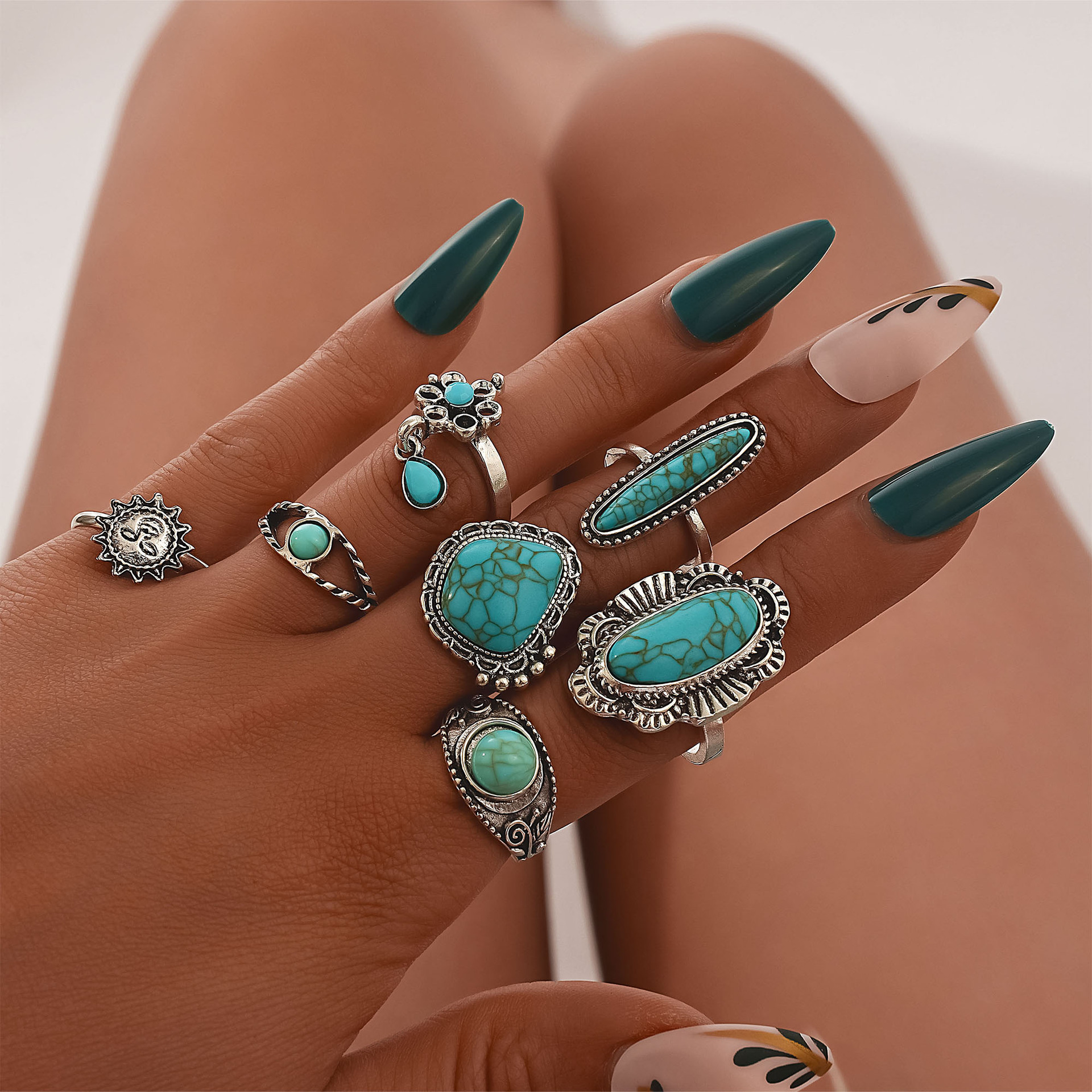 Vintage Turquoise Set Ring Sexy women accessories Joint ring