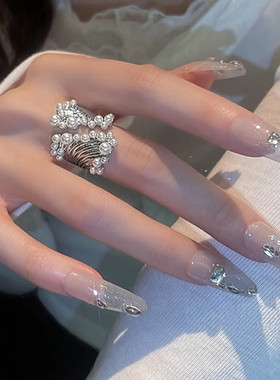 女戒指 Temperament Female wide version pearl ring cool rings