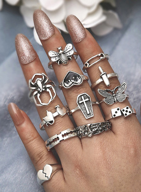 New Retro Love Cross Butterfly Opening Spider Ring Set戒指女