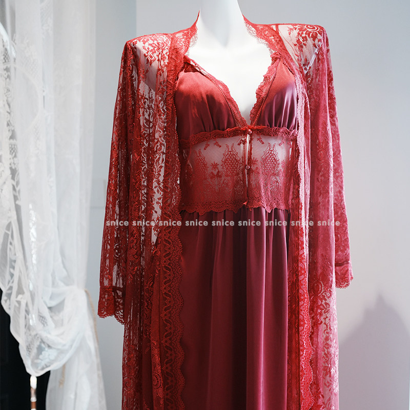 莎奈丝性感睡衣女款春夏高级感红色网纱蕾丝纯欲长款吊带睡裙睡袍