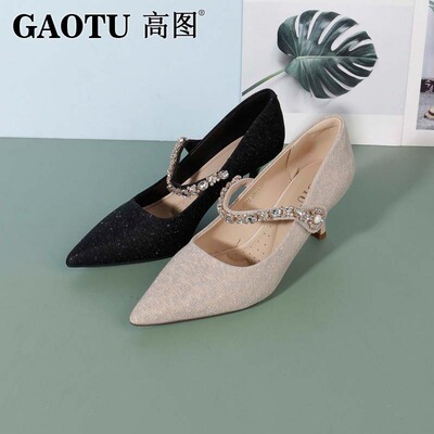 尖头细跟优雅水钻一字带浅口单鞋