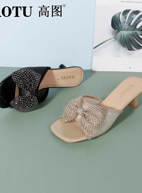 高图时装拖鞋女2025夏季新款水钻蝴蝶结方跟一字带拖鞋0535-31072