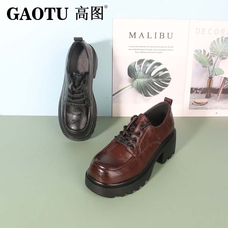 高图深口时尚粗跟系带百搭乐福鞋