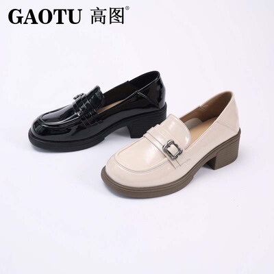 高图漆皮粗跟时尚百搭浅口乐福鞋