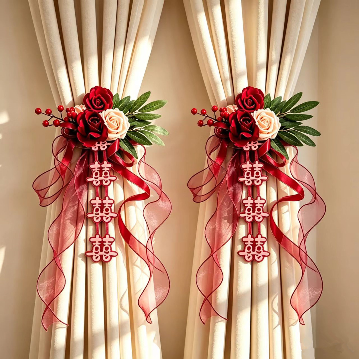 结婚窗帘喜字拉花绑带图片