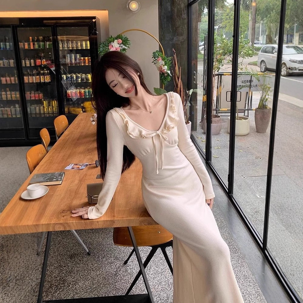 法式温柔风v领荷叶边连衣裙女装秋冬季绑带收腰长袖气质包臀长裙,女装/女士精品,连衣裙,淘宝优惠券,粉丝福利购,淘宝优惠卷