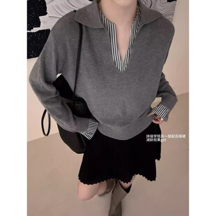 韩系假两件撞色拼接条纹针织衫女春季百搭显瘦设计感气质复古毛衣