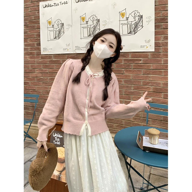 奶系甜美软糯开衫毛衣女春秋季学院风镂空短款罩衫小个子针织外套