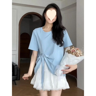 设计感小众遮肚子显瘦上衣 不规则蓝色短袖 T恤女2025新款 爆款 夏季