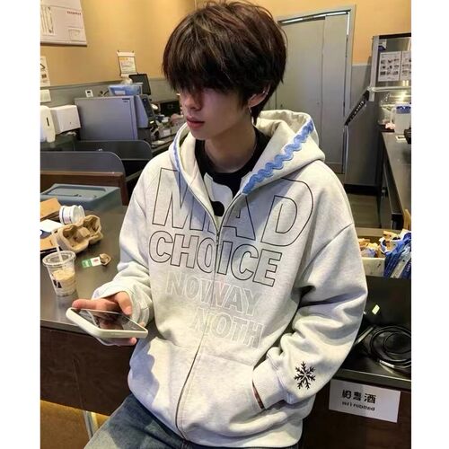 美式复古雪花刺绣拼接连帽开衫卫衣男女秋冬新款小众宽松百搭外套