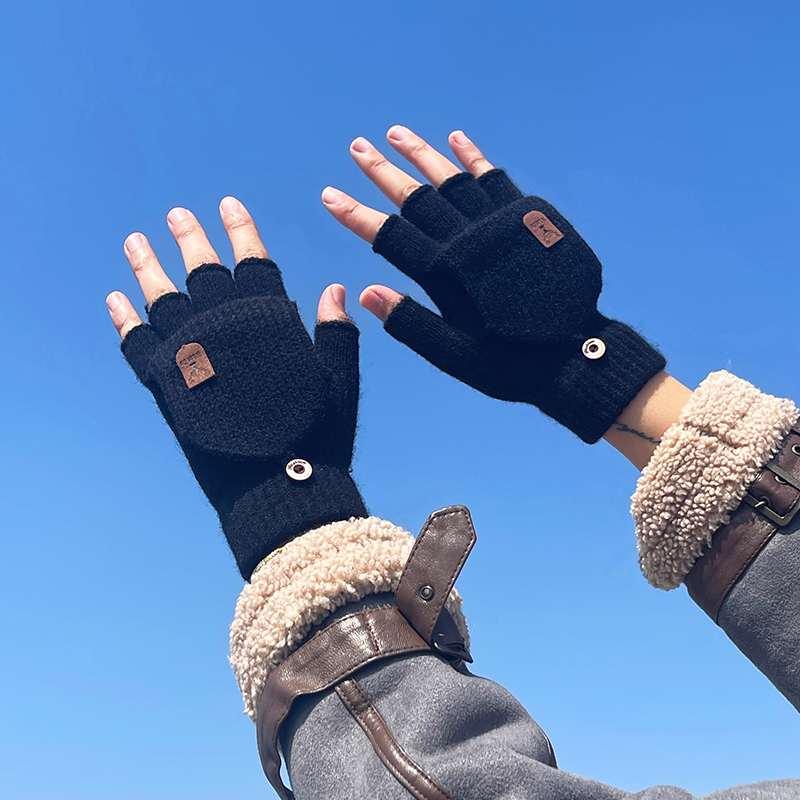 手套男冬天半指情侣学生写字露指韩版秋冬季针织毛线翻盖骑行保暖