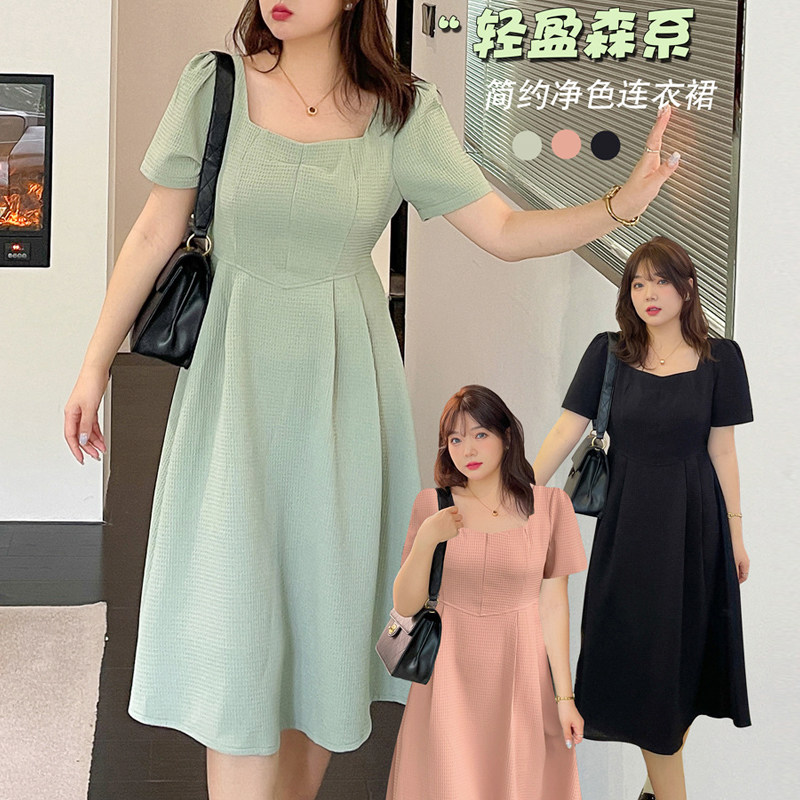大码女装方领气质收腰中长款裙子200斤胖人mm梨型身材显瘦连衣裙3