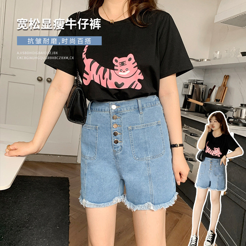 牛仔高腰卷边直筒短裤弹力显瘦夏