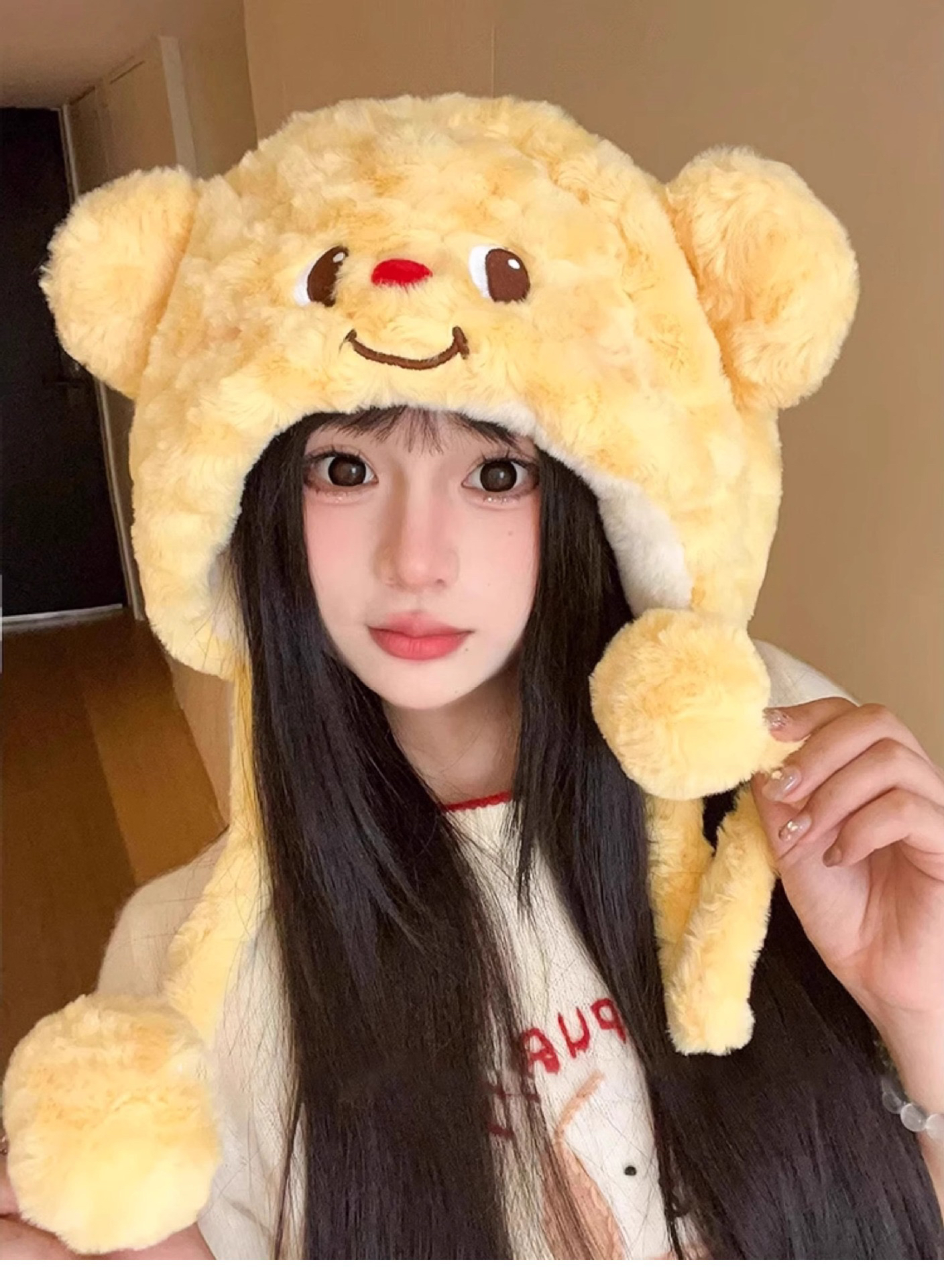 软萌奶油黄！冬日加厚黄油小熊毛绒帽子保暖护耳防寒卡通雷锋帽H