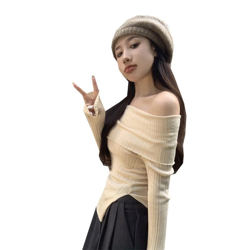AUTUMN THIN GENTLE PURE ONE-SHOULDER KNITWEAR CHIC DESIGN SLIM FIT IRREGULAR SLIT BASE LAYER