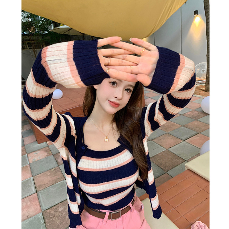 FASHIONABLE CONTRASTING STITCHED STRIPED KNITTED CARDIGAN WOMENS AUTUMN KOREAN VERSION SLIM CROPPED CROP TOP TWO-PIECE TREND