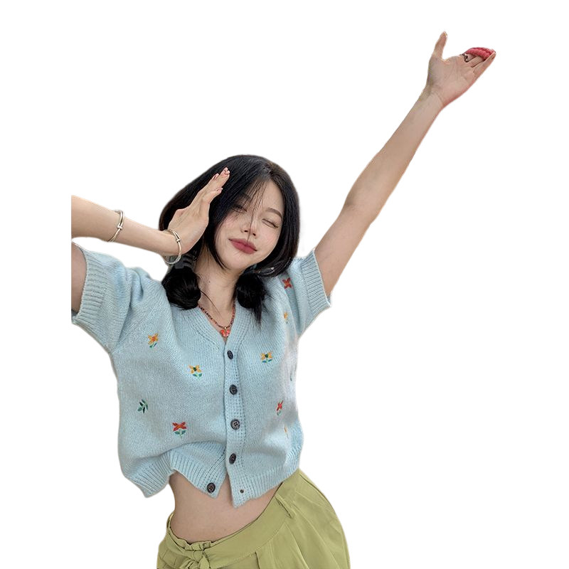 SMALL FRESH DESIGN SENSE V-NECK FLORAL SHORT-SLEEVED KNITTED CARDIGAN WOMENS SUMMER SLIM TEMPERAMENT FOREIGN CHIC TOP INS