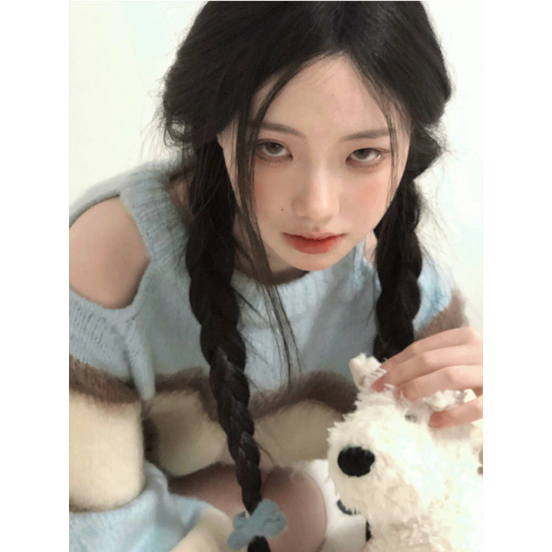JAPANESE LAZY STYLE SOFT WAXY BLUE STRIPED PULLOVER SWEATER WOMENS NEW WINTER HIGH-END HOLLOW OFF-THE-SHOULDER KNITWEAR