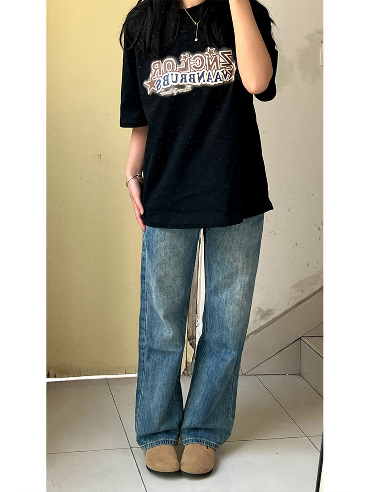 AMERICAN RETRO FASHION BRAND STAR PRINT SHORT-SLEEVED T-SHIRT SUMMER LOOSE AND VERSATILE MALE AND FEMALE COUPLES MID-LENGTH TOPS INS