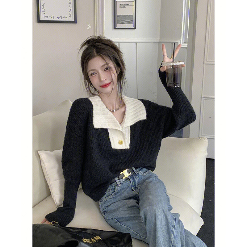 2022 AUTUMN AND WINTER NEW CONTRASTING LAPEL PULLOVER SWEATER WOMENS KOREAN VERSION OF THE FOREIGN STYLE IS VERSATILE SWEET AND GENTLE STYLE KNITWEAR