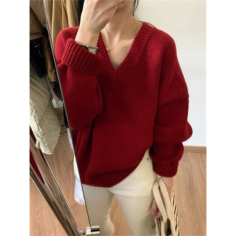 HONMEI NEW YEAR RED V-NECK KNITTED SWEATER WOMENS 2022 WINTER SENSE OF LUXURY LAZY STYLE FASHION PULLOVER TOP TOP