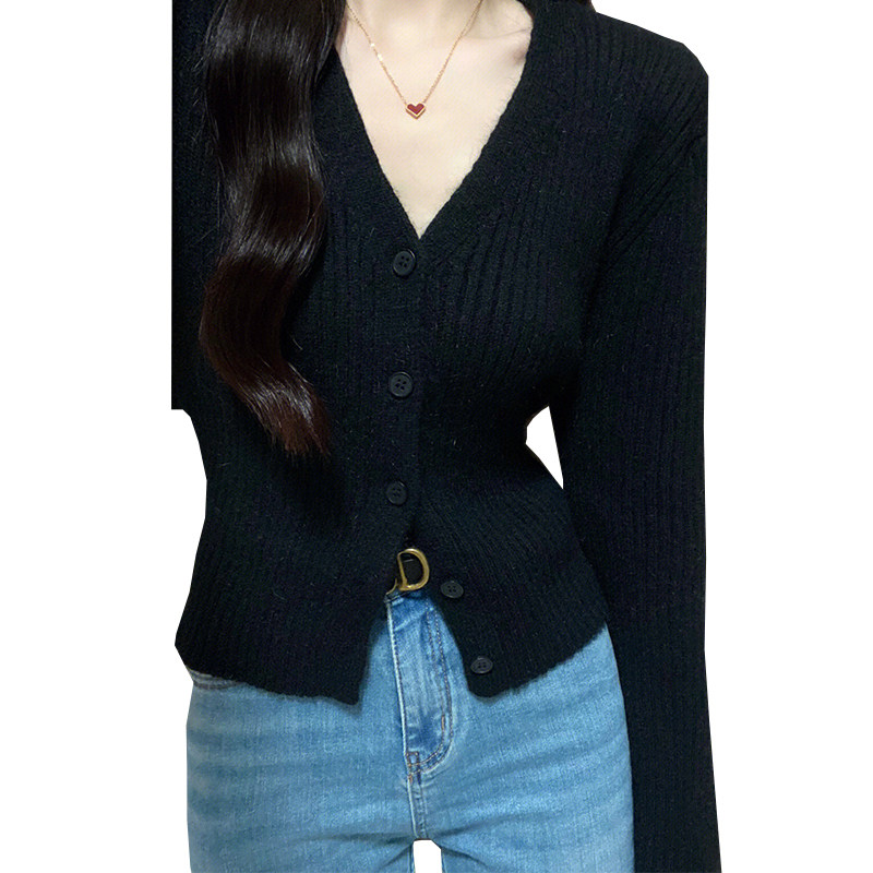 RETRO LUXURY BLACK VERSATILE V-NECK CROPPED CARDIGAN 2023 WINTER FASHION TEMPERAMENT LONG-SLEEVED KNITWEAR SWEATER