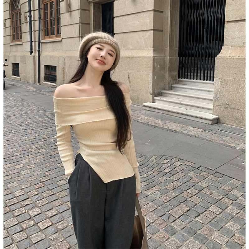AUTUMN THIN GENTLE PURE ONE-SHOULDER KNITWEAR CHIC DESIGN SLIM FIT IRREGULAR SLIT BASE LAYER