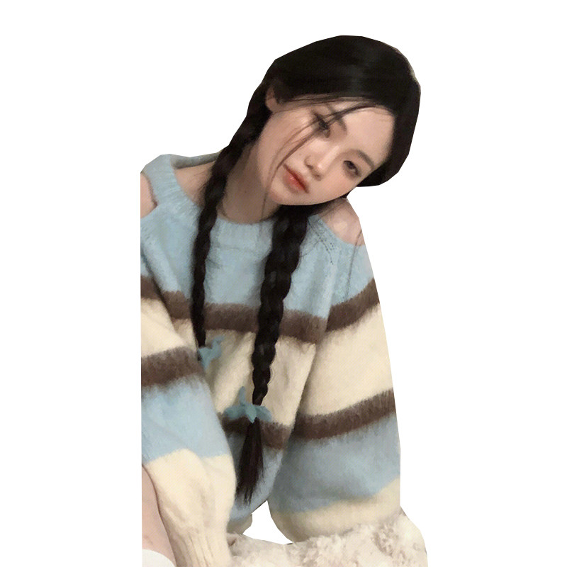 JAPANESE LAZY STYLE SOFT WAXY BLUE STRIPED PULLOVER SWEATER WOMENS NEW WINTER HIGH-END HOLLOW OFF-THE-SHOULDER KNITWEAR